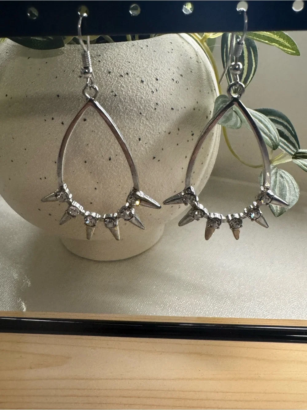Silver Tone Teardrop Spike Clear Rhinestone Dangle Hook Hoop Earrings 2 3/8